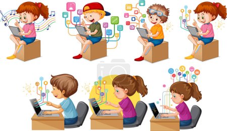 Ilustración de Niños de dibujos animados usando computadoras portátiles para ilustración de aprendizaje en línea - Imagen libre de derechos