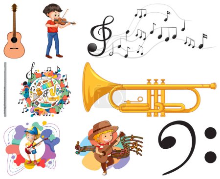 Kids musical instruments and music symbols set illustration