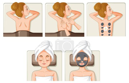 Téléchargez les illustrations : Collection of women enjoying spa treatments illustration - en licence libre de droit