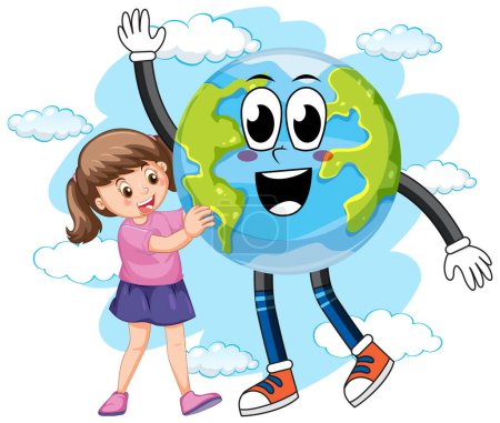 Téléchargez les illustrations : Fille heureuse avec dessin animé terre globe illustration - en licence libre de droit