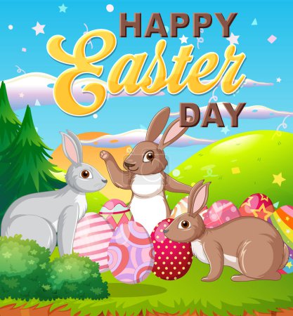Téléchargez les illustrations : Bonne affiche du jour de Pâques avec des oeufs colorés et une illustration de lapins mignons - en licence libre de droit