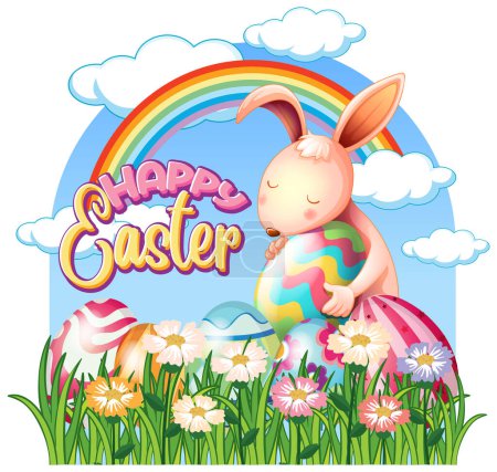 Ilustración de Happy Easter Day with Cute Rabbit in a Grassy Field illustration - Imagen libre de derechos