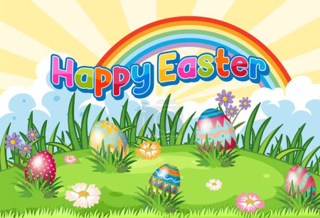 Ilustración de Poster Feliz Día de Pascua con huevos coloridos en un campo de hierba ilustración - Imagen libre de derechos