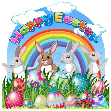 Illustration for Happpy Easter Poster with Rabbits and Colourful eggs in a Grassy Field illustration - Royalty Free Image