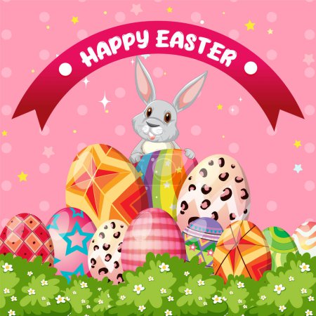 Illustration for Happy Easter Day Poster with Colorful Eggs and Cute Bunny illustration - Royalty Free Image