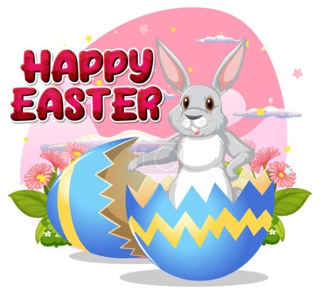 Téléchargez les illustrations : Happy Easter Poster with Cute Bunny and Colourful Egg illustration - en licence libre de droit