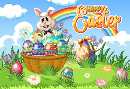 Ilustración de Poster Feliz Día de Pascua con huevos coloridos e ilustración linda conejito - Imagen libre de derechos