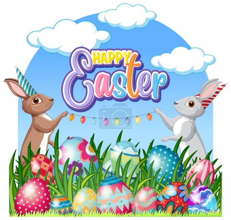 Illustration for Happy Easter Poster with Cute Bunny and Colourful Eggs illustration - Royalty Free Image