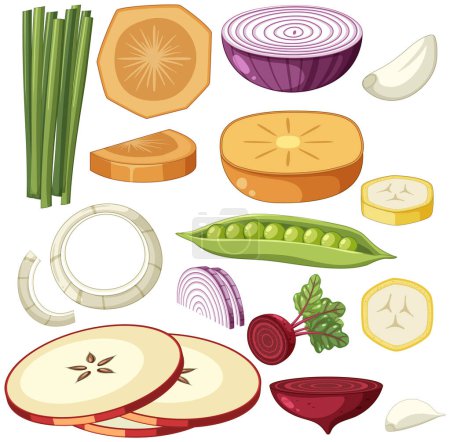 Téléchargez les illustrations : Set of sliced vegetable and fruit illustration - en licence libre de droit