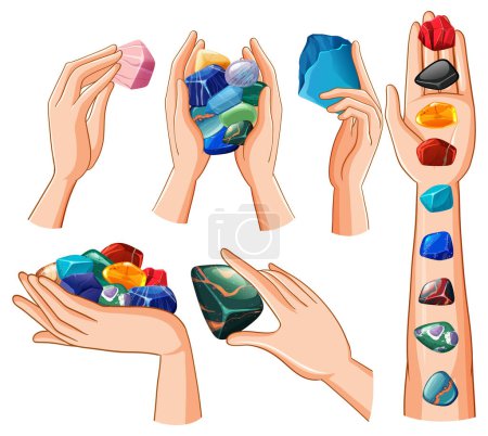 Illustration for Set of human hands with healing crystals illustration - Royalty Free Image