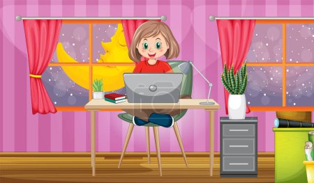Ilustración de Interior pink room with a girl using computer illustration - Imagen libre de derechos