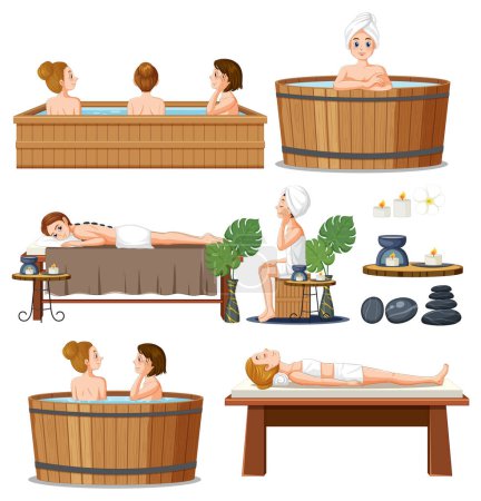 Illustration for Collection of women enjoying spa treatments illustration - Royalty Free Image