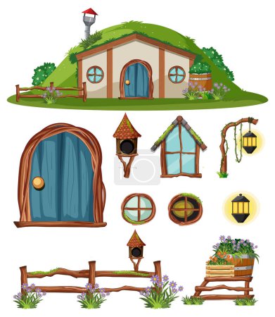 Téléchargez les illustrations : Ensemble de maison de hobbit avec porte séparée et illustration de fenêtre - en licence libre de droit