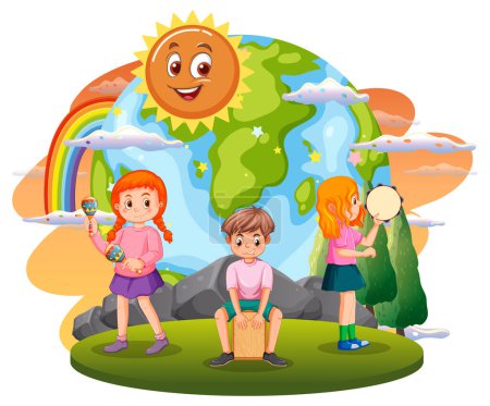 Illustration for Children playing music with earth globe illustration - Royalty Free Image