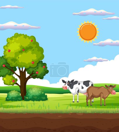 Illustration for Cow in Grass Field and Blue Sky Scene illustration - Royalty Free Image