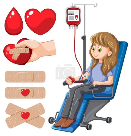 Illustration for Woman donor blood with blood bag and plaster bandage illustration - Royalty Free Image