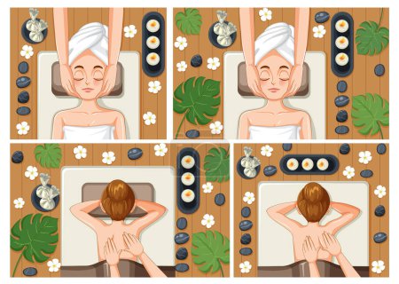 Ilustración de Collection of women enjoying spa treatments illustration - Imagen libre de derechos