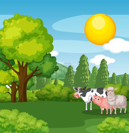 Illustration for Farm animals in Grass Field and Blue Sky Scene illustration - Royalty Free Image