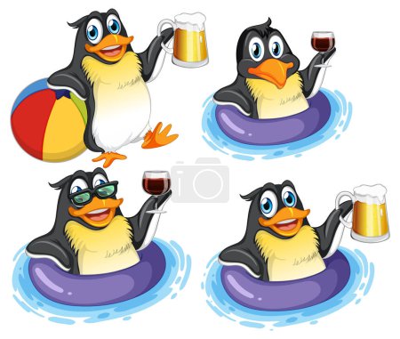 Ilustración de Personajes de dibujos animados de pingüinos en la ilustración del tema de verano - Imagen libre de derechos