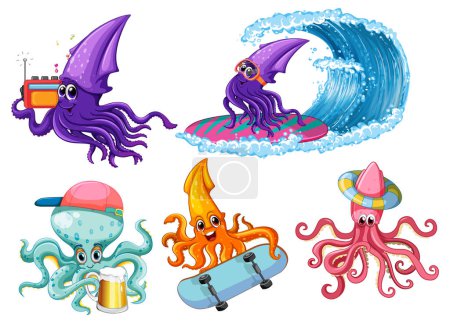 Illustration for Octopus and Squid Cartoon Characters in Summer Theme illustration - Royalty Free Image