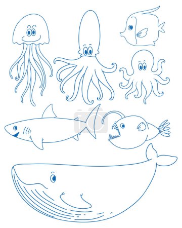 Téléchargez les illustrations : Illustration de simples enfants gribouillis dessinant des créatures marines - en licence libre de droit