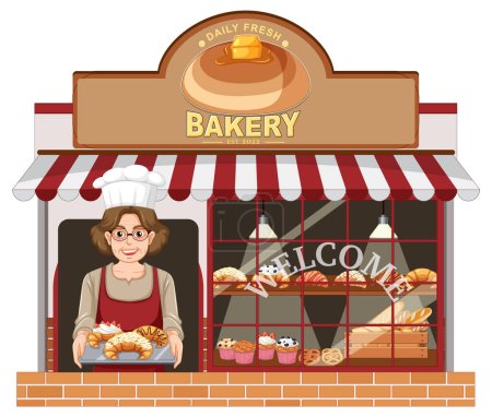 Téléchargez les illustrations : Façade boulangerie avec illustration femme boulangerie - en licence libre de droit