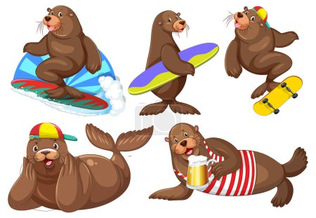Illustration for Sea Lion Cartoon Characters in Summer Theme illustration - Royalty Free Image