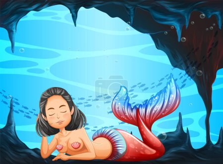 Ilustración de Hermosa sirena bajo el agua cueva escena ilustración - Imagen libre de derechos
