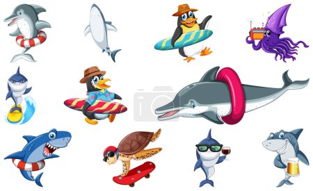 Téléchargez les illustrations : Ensemble d'illustration de personnage de dessin animé animal de mer - en licence libre de droit