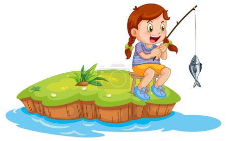 Illustration for Isolated girl fishing on small island illustration - Royalty Free Image