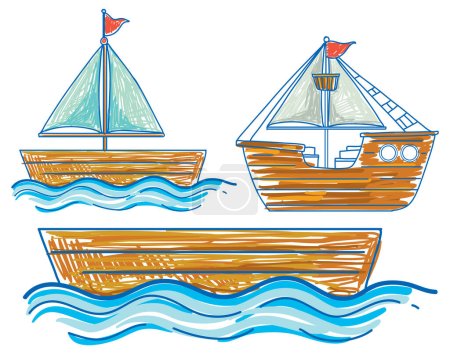 Téléchargez les illustrations : Enfants simples gribouillage de bateaux illustration - en licence libre de droit