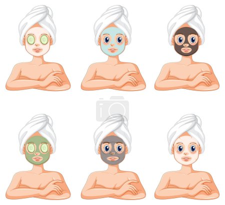 Ilustración de Collection of Women Relaxing with a Face Mask Treatment illustration - Imagen libre de derechos