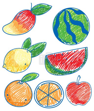 Téléchargez les illustrations : Enfants simples gribouillage d'illustration de fruits - en licence libre de droit