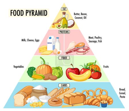 Food nutrition groups pyramid illustration