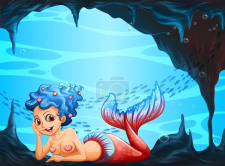 Illustration for Beautiful mermaid underwater cave scene illustration - Royalty Free Image