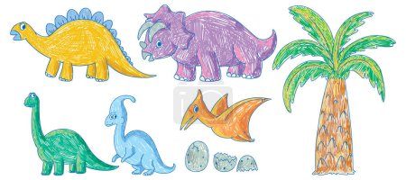 Téléchargez les illustrations : Enfants simples gribouillis de dinosaures illustration - en licence libre de droit