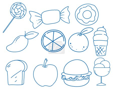 Téléchargez les illustrations : Enfants gribouillis simples dessinant illustration de nourriture - en licence libre de droit