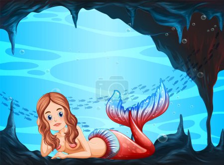 Illustration for Beautiful mermaid underwater cave scene illustration - Royalty Free Image