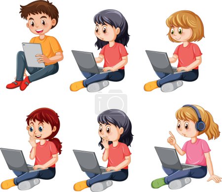 Illustration for Cartoon Kids Using Laptops for Online Learning illustration - Royalty Free Image