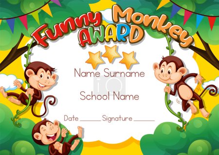 Illustration for Funny monkey award certificate template illustration - Royalty Free Image