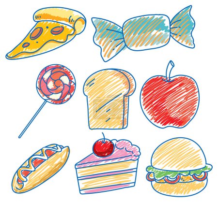 Téléchargez les illustrations : Enfants simples gribouillage de nourriture illustration - en licence libre de droit