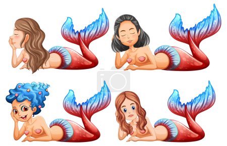 Illustration for Set beautiful mermaid underwater cave scene illustration - Royalty Free Image
