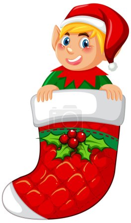 Téléchargez les illustrations : Elfe en chaussette de Noël illustration de personnage de dessin animé - en licence libre de droit