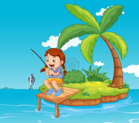 Illustration for Happy girl fishing on small island illustration - Royalty Free Image
