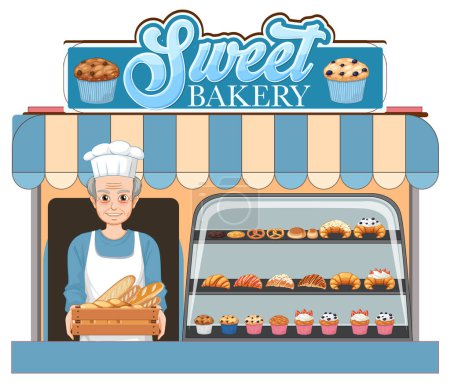 Téléchargez les illustrations : Façade boulangerie avec illustration boulanger homme - en licence libre de droit