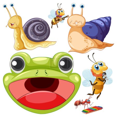 Téléchargez les illustrations : Illustration d'une grenouille avec divers insectes - en licence libre de droit