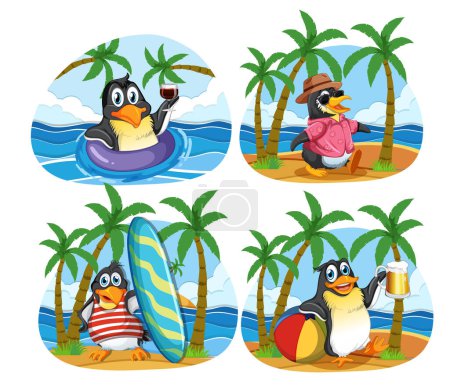 Ilustración de Personajes de dibujos animados de pingüinos en la ilustración del tema de verano - Imagen libre de derechos