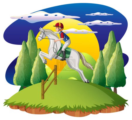 Téléchargez les illustrations : Un homme monté sur un cheval à l'illustration de scène naturelle - en licence libre de droit