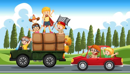 Téléchargez les illustrations : Enfants heureux aiment conduire illustration de voiture - en licence libre de droit