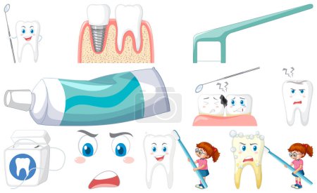 Téléchargez les illustrations : Set of dental equipments and cartoon characters illustration - en licence libre de droit